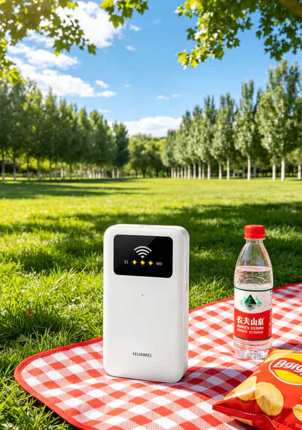 华为随身WiFi流量卡踩坑三次后,我整理出这张超优惠流量卡避坑清单 郊外公园拍摄的华为随身WiFi,信号满格,旁边是绿树和蓝天