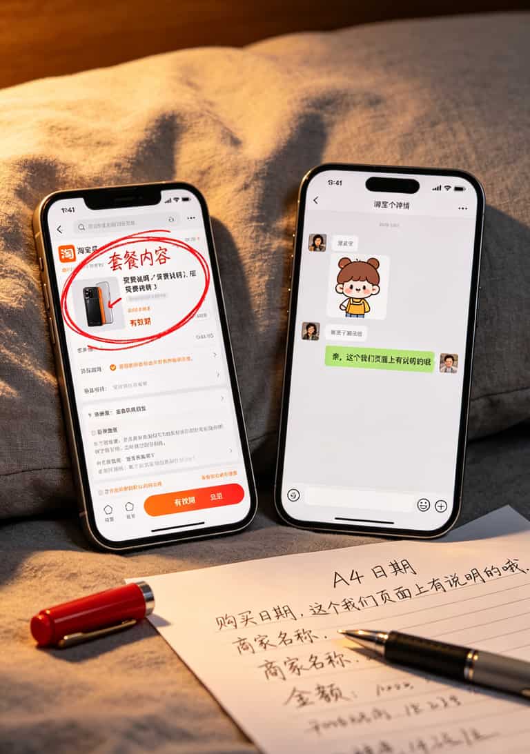 华为随身WiFi流量卡踩坑三次后,我整理出这张超优惠流量卡避坑清单 手机淘宝截图,商品详情页用红框圈出“套餐内容”“资费说明”“有效期”三块内容