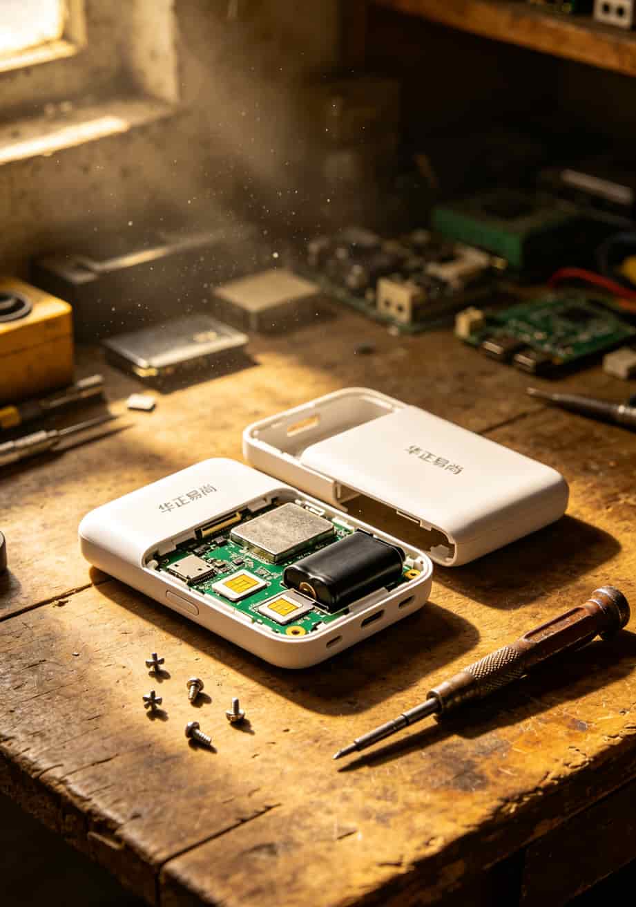 随身WiFi断网别硬扛!换张“超实惠流量卡”直接满血复活(华正易尚用户必看) 华正易尚随身WiFi设备拆解图,显示内部电池和SIM卡槽