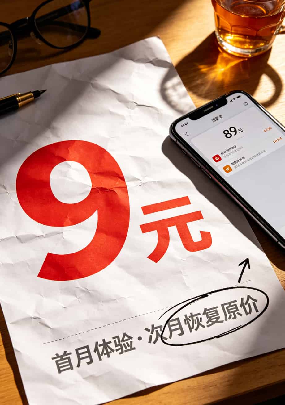 172流量卡分销内行人揭秘:一张流量卡的命,比我前女友的心思还难猜 流量卡宣传页面上“9元”大字和“首月体验”小字的对比截图