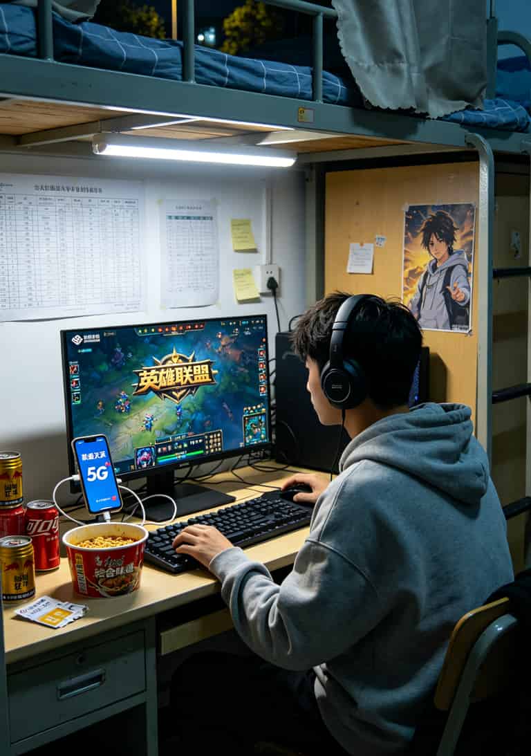 便宜包月流量卡,京东自营的29块130G到底能不能办?我踩了12次坑告诉你答案 大学生在宿舍使用手机卡流量打游戏场景