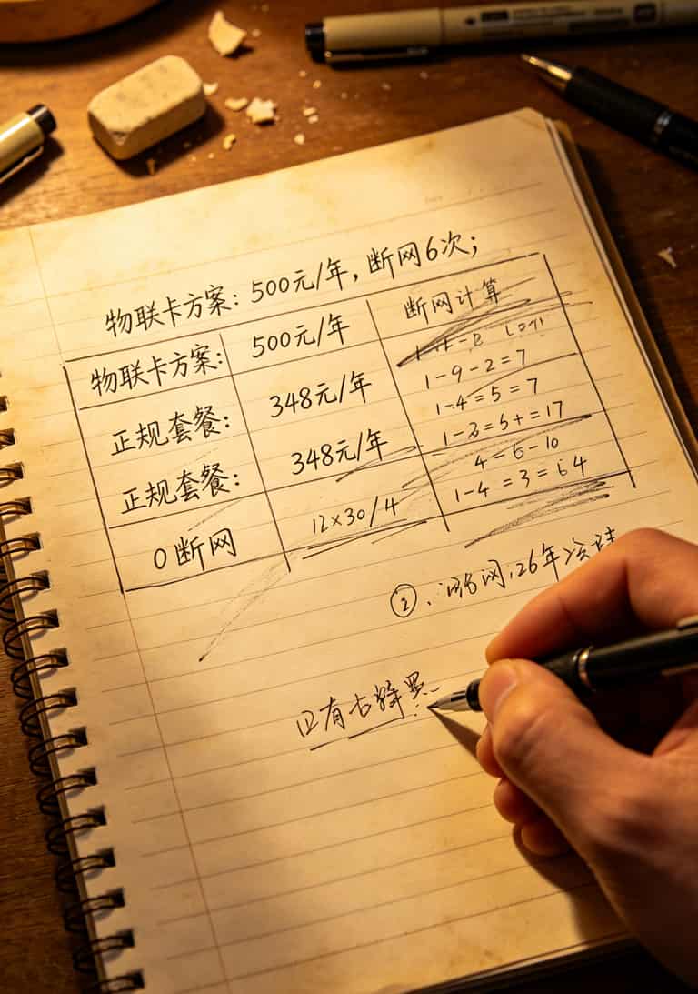 2元100g流量卡是真的吗?我测了8张卡,告诉你真相 手写的成本对比表格,物联卡一年500元VS正规卡一年348元