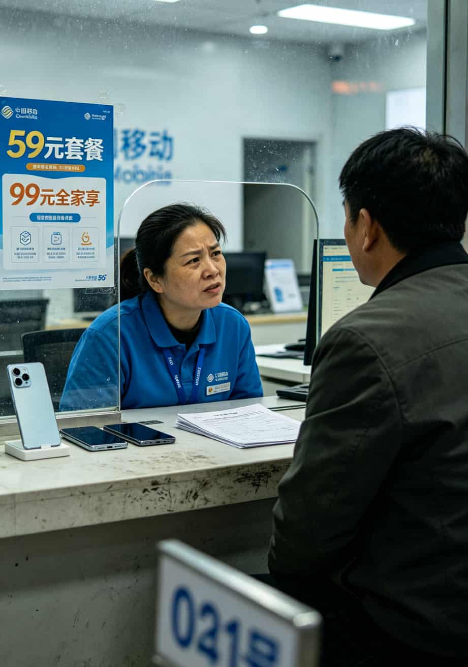 华为随身WiFi红灯闪烁?别扔!先换一张19元最划算的流量卡试试 中国移动营业厅柜台照片