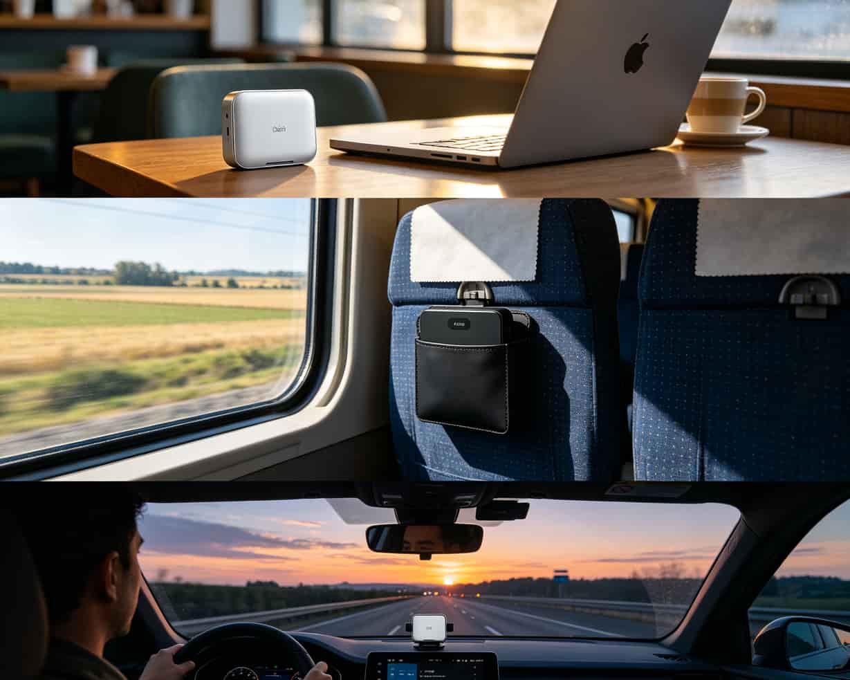 随身WiFi使用场景示意图（办公室/旅行/车载）