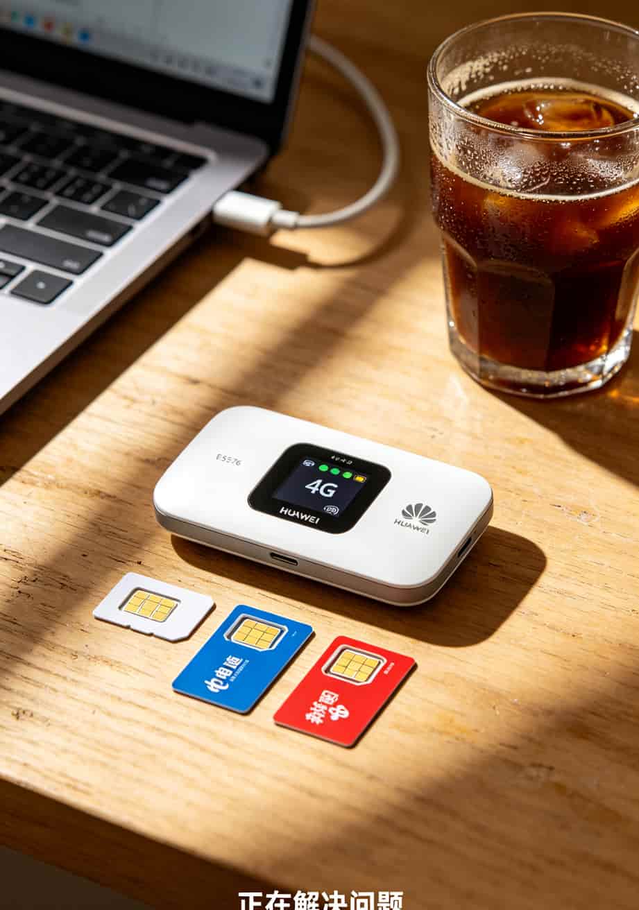 纯流量了卡申请前不看你血亏:华为随身WiFi插卡避坑指南(附真实踩坑案例) 华为E5576随身WiFi与三张纯流量卡摆放在桌面上,设备屏幕显示4G信号格