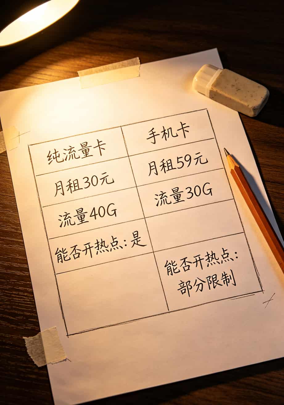 华为随身WiFi网速慢?别砸设备!先“比较流量卡”,三张卡轮一遍你就懂了 对比表格,左边纯流量卡右边手机卡,标注月租、流量、能否开热点