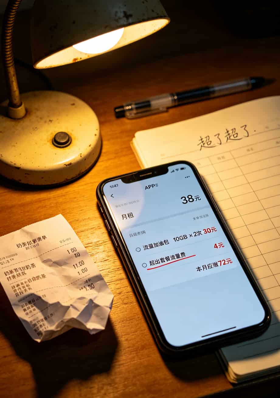 手机账单截图，显示月租38实际扣费72元