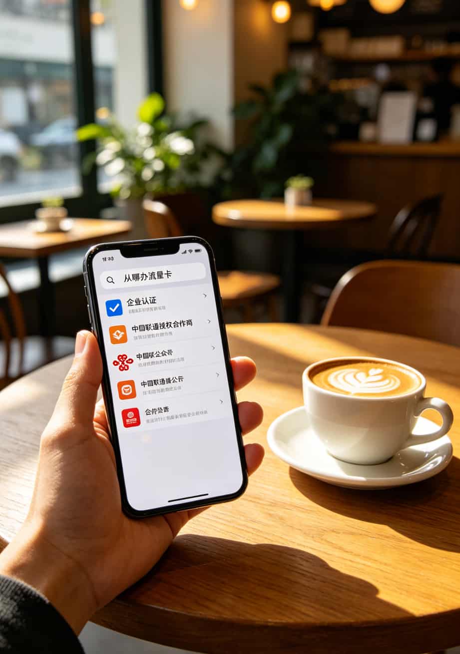 微信搜索从哪办流量卡的结果截图，标注企业认证标识