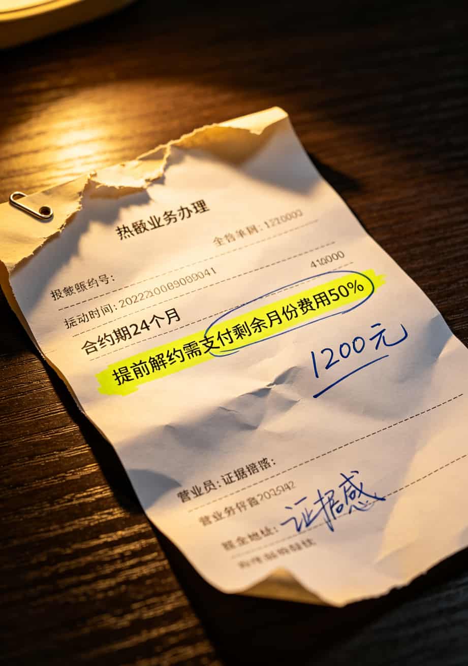 华为5G随身WiFi配sim卡和流量卡,我换了7张卡的血泪总结 运营商合约条款截图,重点标注“合约期24个月”“提前解约赔偿50%”