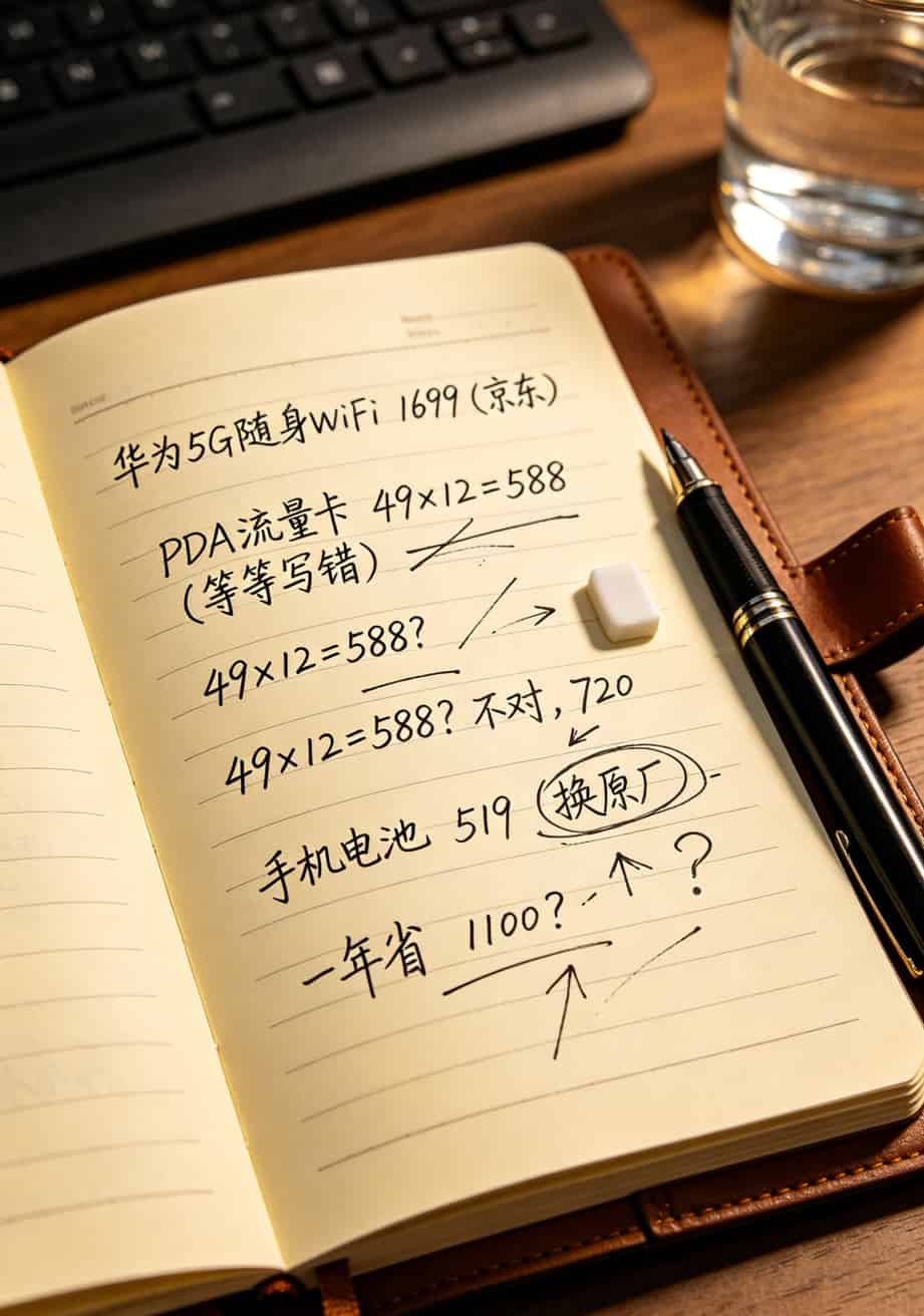 华为5G随身WiFi配上PDA流量卡,折腾大半年省下2000块,这8张卡的血泪史你值得看 手写记账本页面特写,黑色水笔写着随身WiFi设备1699元、流量费720元,旁边有箭头和圈改痕迹