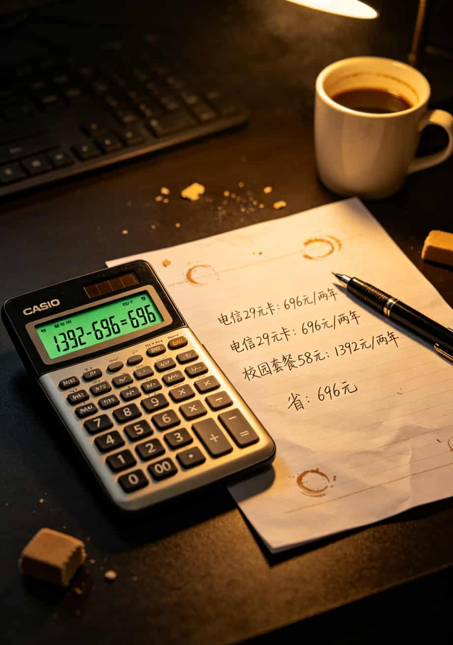 一张流量卡省出两双球鞋?电信29元超级流量卡免费办理实测+避坑 计算器算账截图,696 vs 1392,差价746