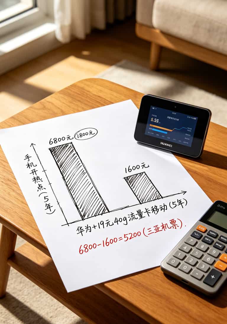 租房出差党狂喜!华为随身WiFi搭19元40g流量卡移动,一年省下小两千 手机热点与随身WiFi五年成本对比柱状图