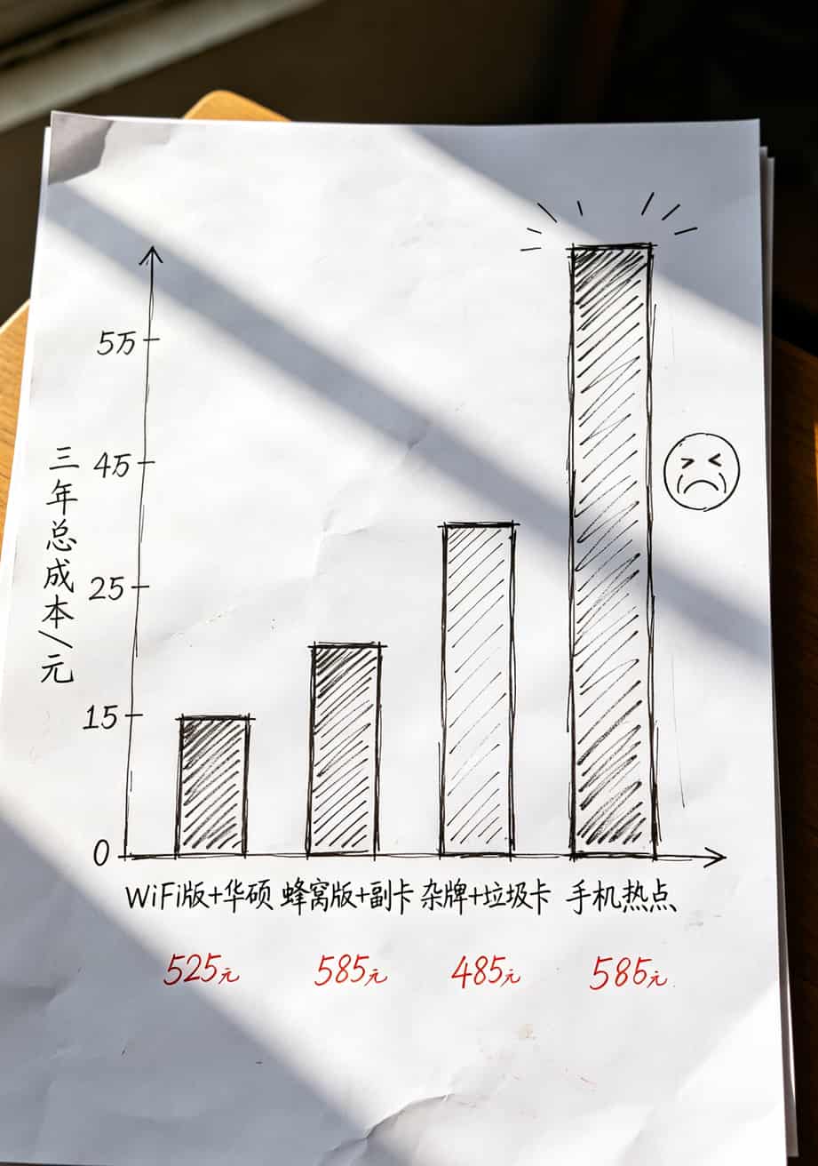 为了给iPad上网,我折腾了三年:wifi版的手机可以插流量卡吗? 三年四种方案费用对比柱状图