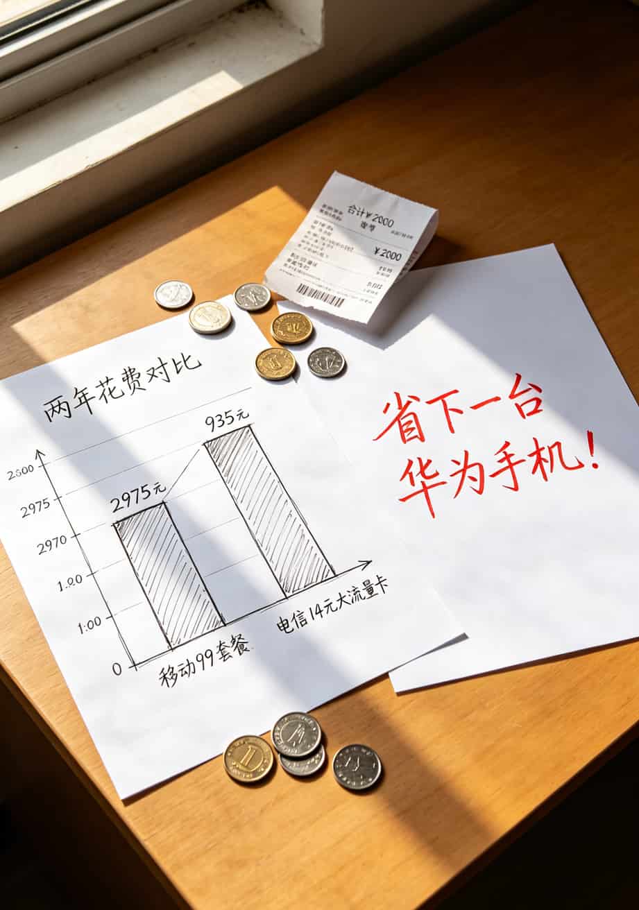 华为随身WiFi信号差?换了张**电信14元大流量卡**,网速从“断片”变“满血”(附10个实测技巧) 两年套餐费用对比柱状图(移动99vs电信14元)