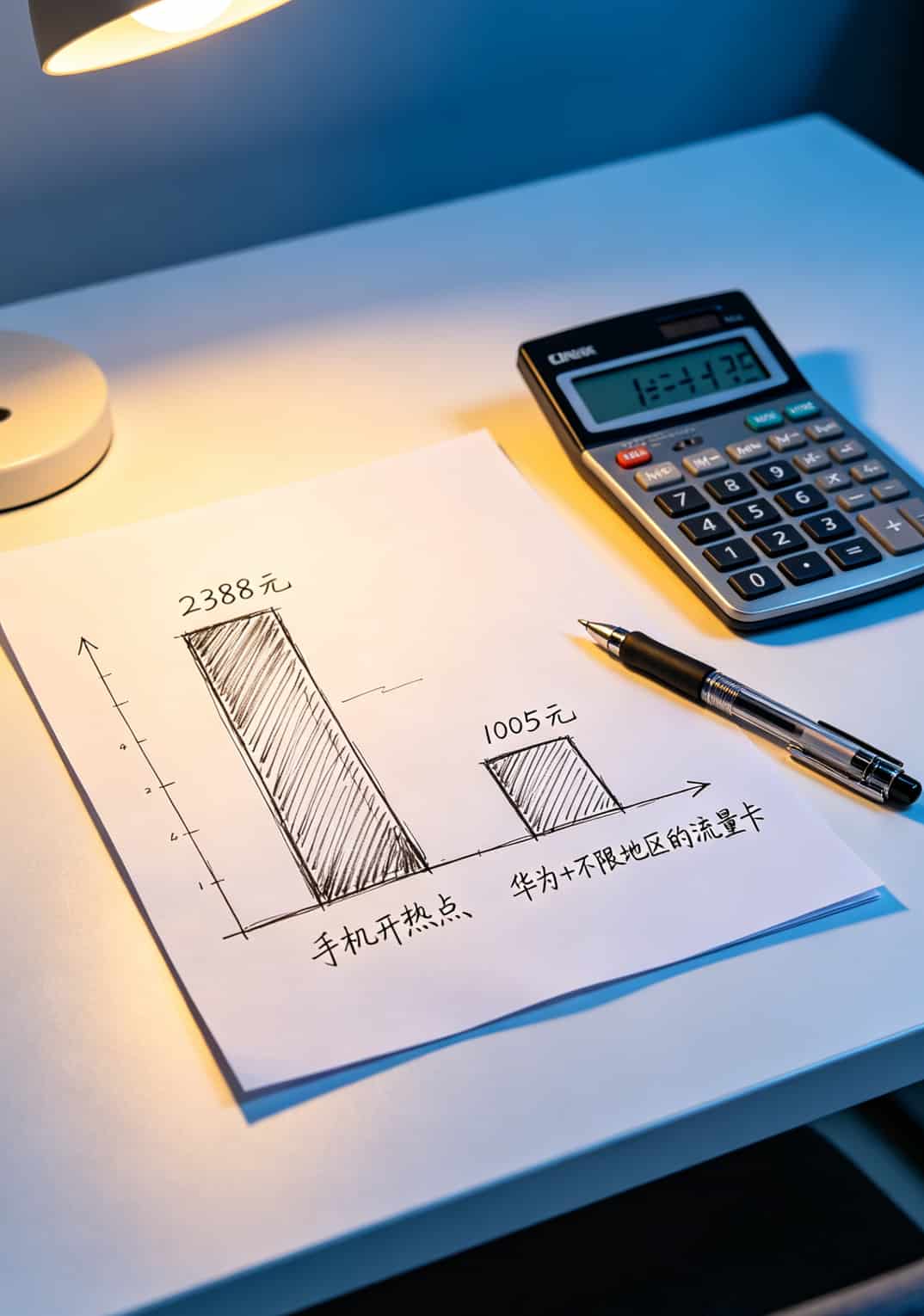 亏了三千块才搞明白:华为随身WiFi配一张“不限地区的流量卡”,一年能省下一半网费 三年费用对比柱状图,手机开热点2388元 vs 随身WiFi方案1005元