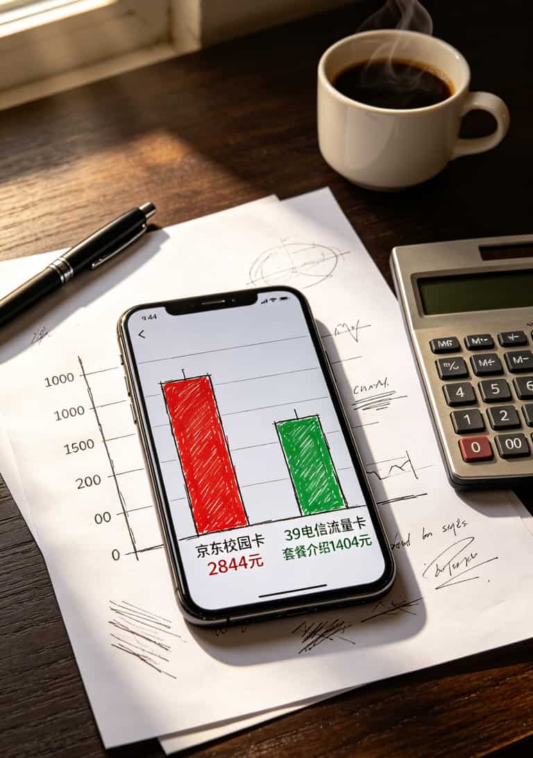 学生党办卡避坑:39电信流量卡套餐介绍+三年能省一部手机钱 三年话费对比柱状图,京东校园卡2844元vs电信39元套餐1404元