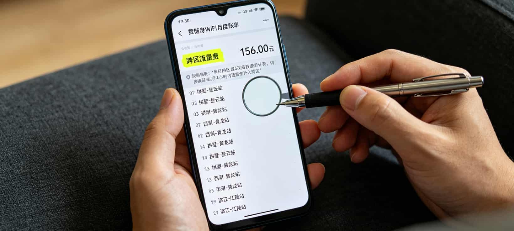 每月流量不到20G的别划走!“0月租1元1g流量卡”到底香不香,我亏了三千块总算搞明白了 随身WiFi账单中跨区流量费的高亮截图,显示跨区计费规则和156元明细