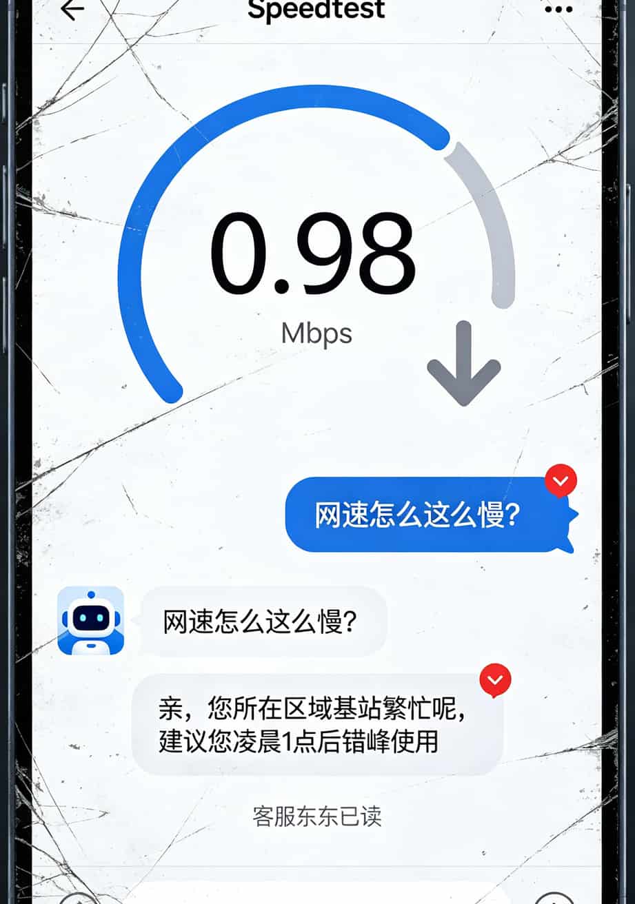 华为5G随身WiFi配上PDA流量卡,折腾大半年省下2000块,这8张卡的血泪史你值得看 手机截图显示网速测试结果为0.98Mbps,下方客服聊天窗口显示“基站拥堵建议错峰使用”,聊天背景是蓝色渐变