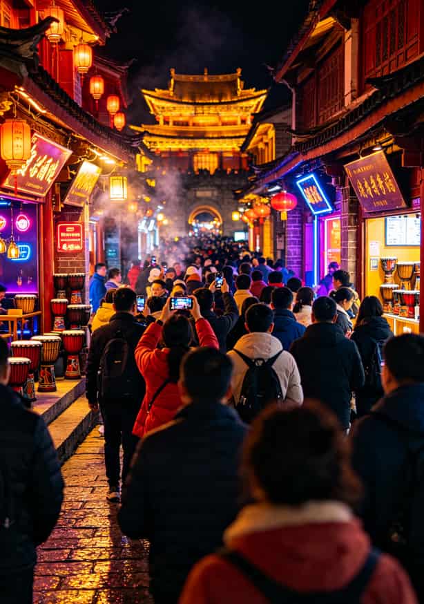 29元包月流量卡配华为随身WiFi,云南跑了三年就这几句大实话 云南大理古城晚上八九点街道场景