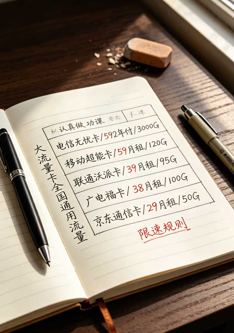 华为随身WiFi哪种流量卡最配?大流量卡全国通用流量我替你踩了6次坑 五款大流量套餐资费对比表,包含月租、流量、限速规则