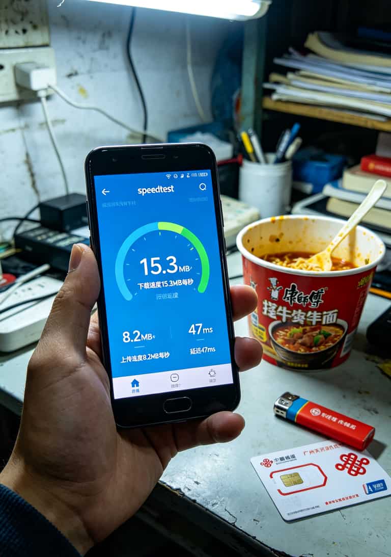 90块闲鱼捡华为随身WiFi,自己办200g流量卡,一年省下400块宽带费 在棠下村出租屋测速截图,下载15.3MB每秒,延迟47ms