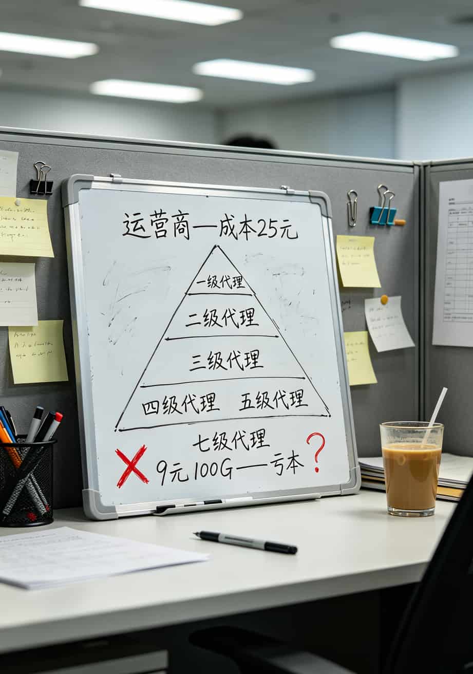 20260508_031217_便宜流量卡怎么办_final 流量卡代理层级示意图,显示从运营商到七级代理的抽成结构