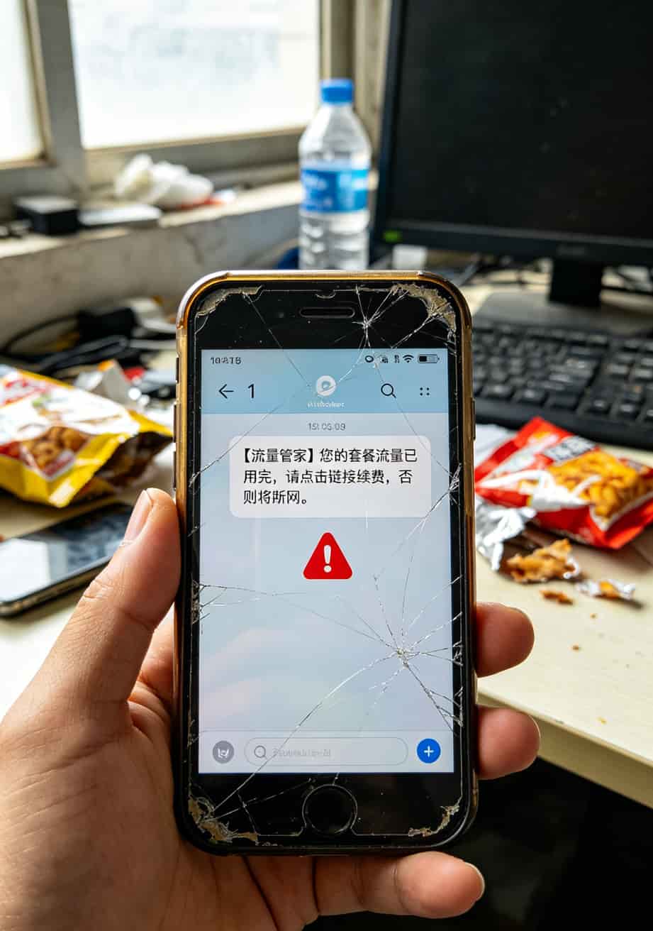 流量卡避坑指南:我翻了7次车才找到的便宜又划算的手机流量卡,月省90块 短信截图显示“您的流量已用完请续费”,下方是红色感叹号