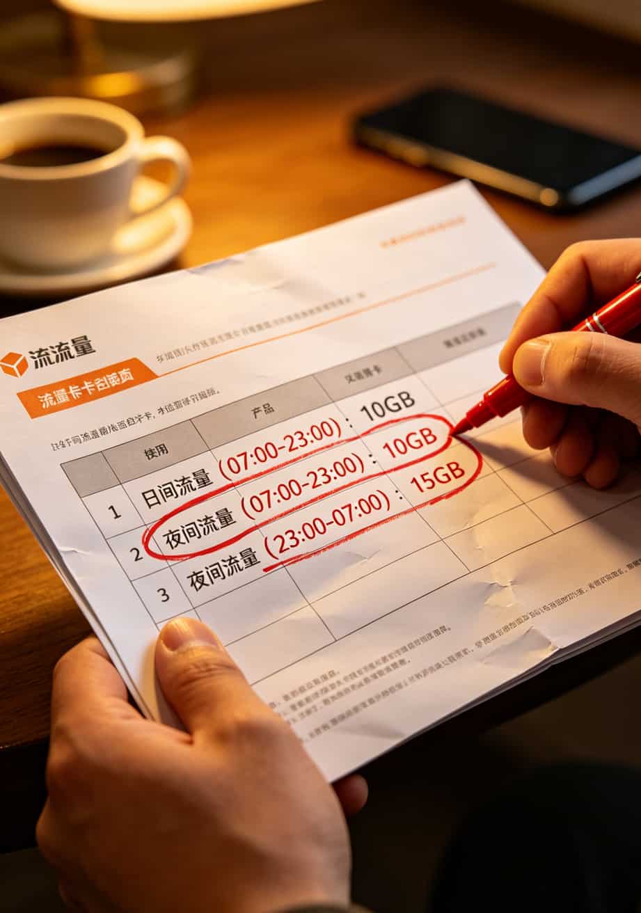 一张流量卡套餐详情页，白天和夜间流量分开标注