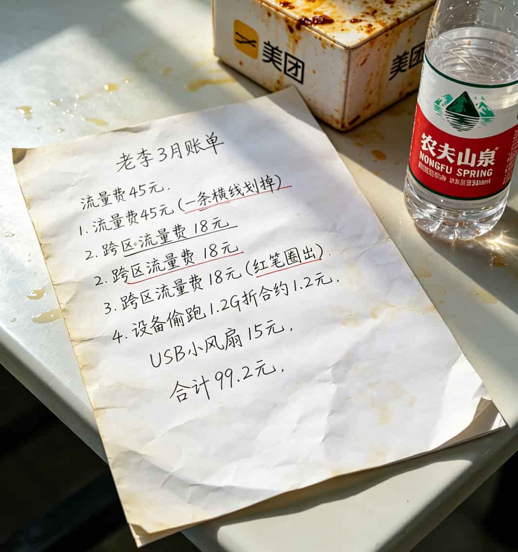 每月流量不到20G的别划走!“0月租1元1g流量卡”到底香不香,我亏了三千块总算搞明白了 外卖骑手老李的随身WiFi月账单明细对比表,显示流量费、跨区费、偷跑费和风扇采购费