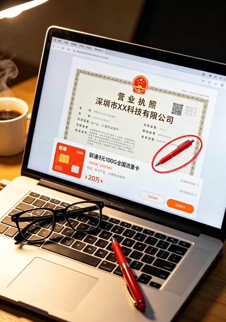 充流量的卡别再乱买了!实测8款,月均30-50块才靠谱,低于这个数9成有坑 淘宝上9元100G流量卡的商品截图,红圈标出商家营业执照是科技公司