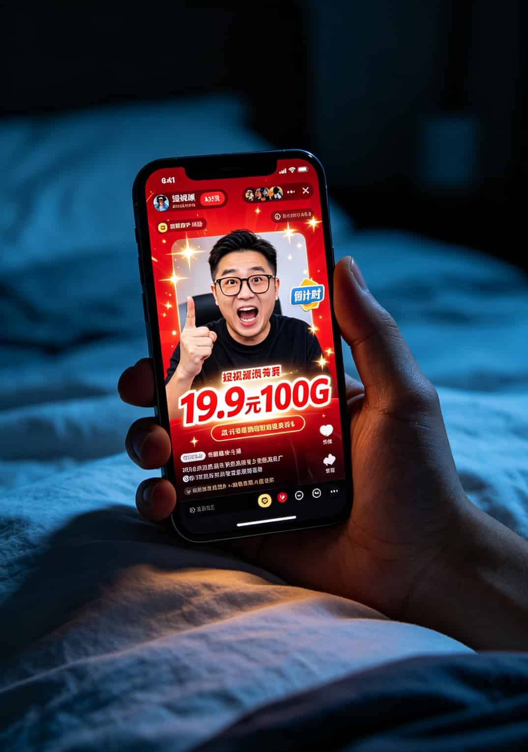 电信流量卡选号码别再交智商税了,我踩过的坑你绕着走 手机屏幕显示低价流量卡广告页面,红色大字写着19.9元100G