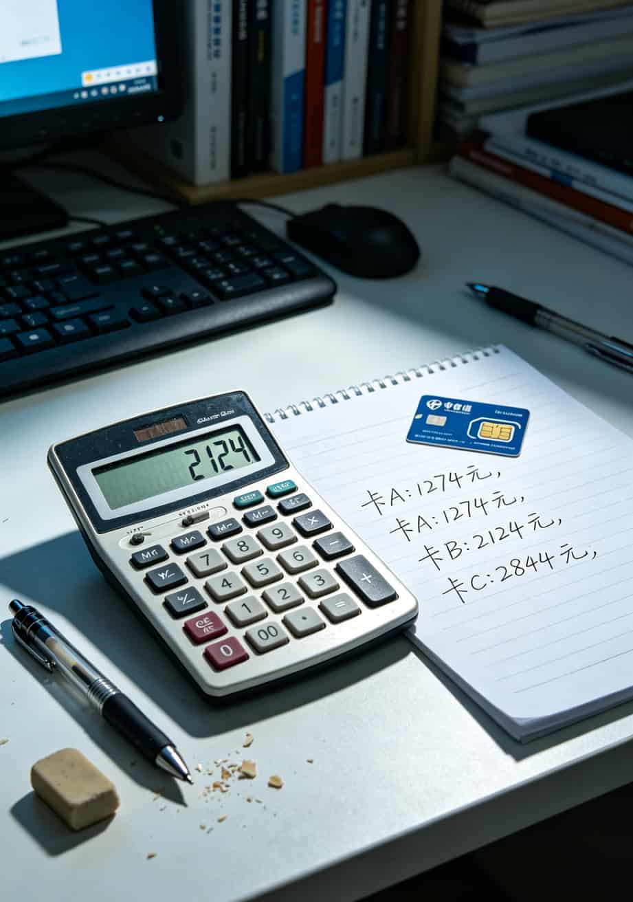 电信流量卡选号码别再交智商税了,我踩过的坑你绕着走 计算器特写,旁边放着一张电信SIM卡和三年总费用手写笔记