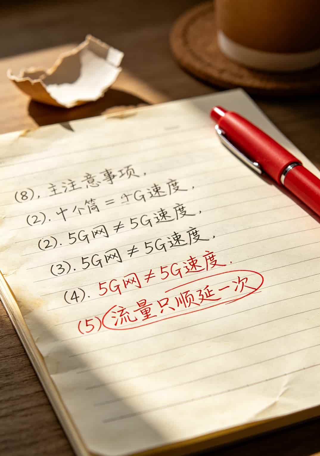电信流量卡选号码别再交智商税了,我踩过的坑你绕着走 八条注意事项手写清单,部分条目用红笔圈出