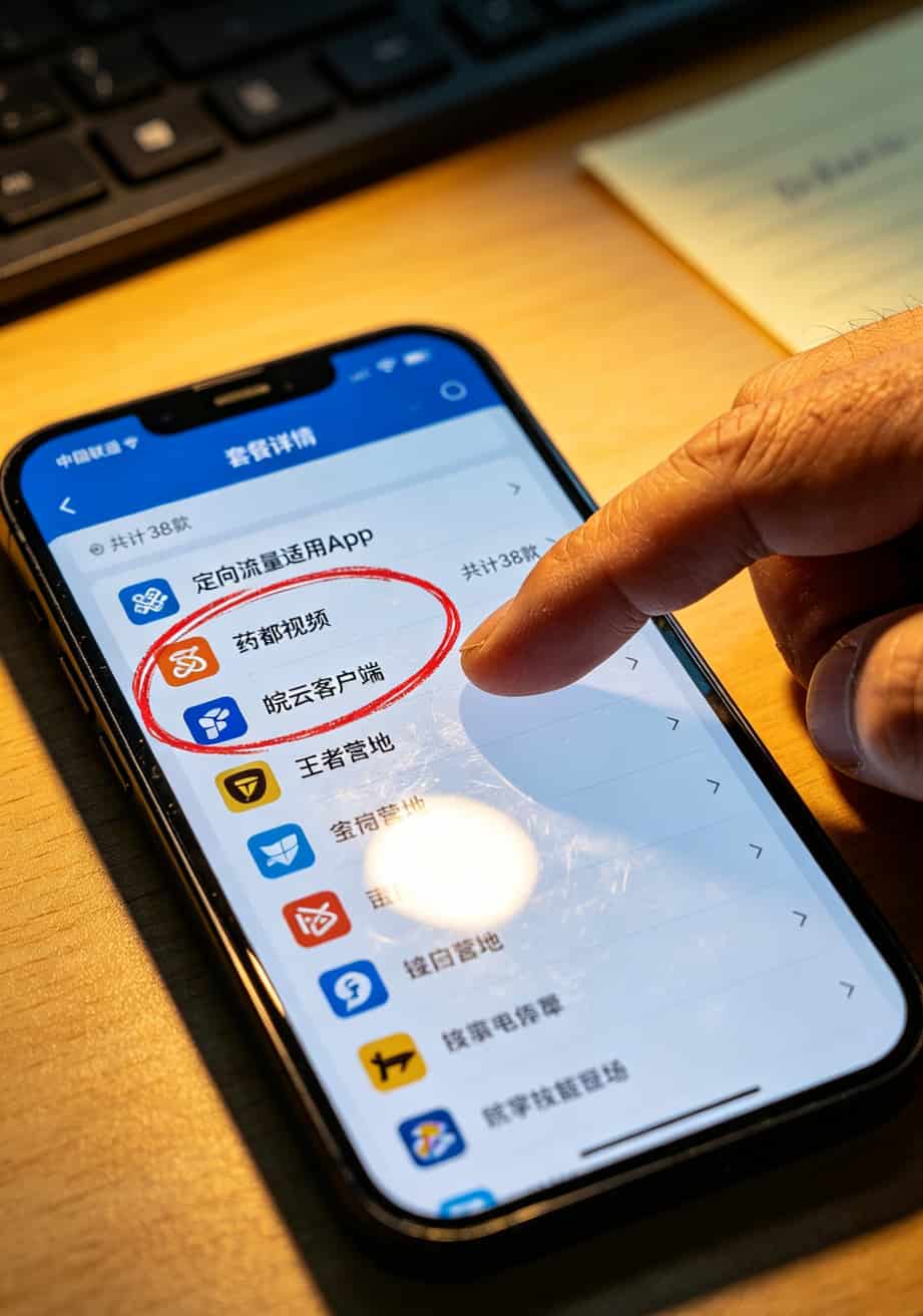 定向流量App名单截图，红圈标出“药都视频”“皖云”等冷门应用