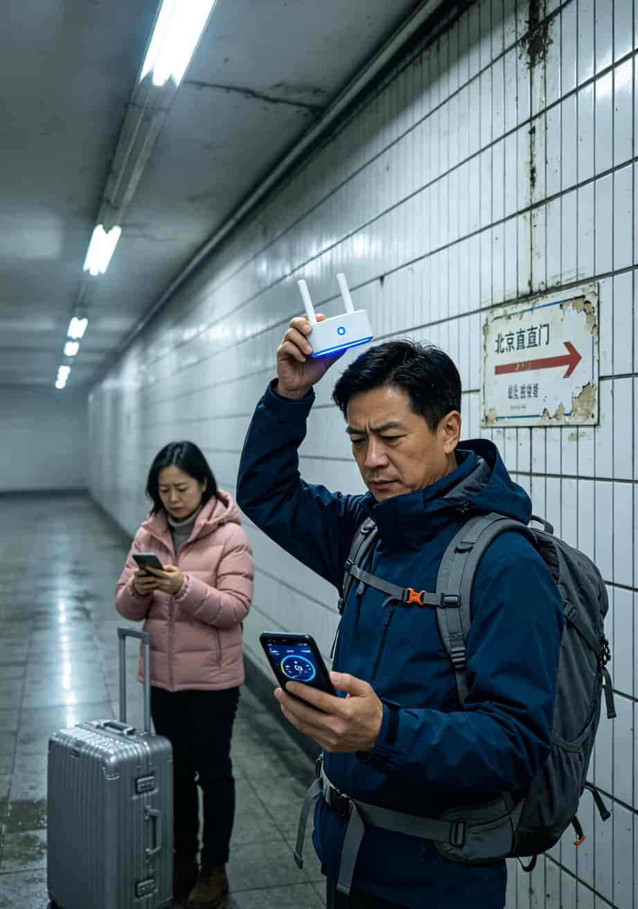9元套餐流量卡是真的吗?我花两个月租了24台随身WiFi跑遍北京,真实账单全公开 东直门地铁站换乘通道内测试随身WiFi信号场景
