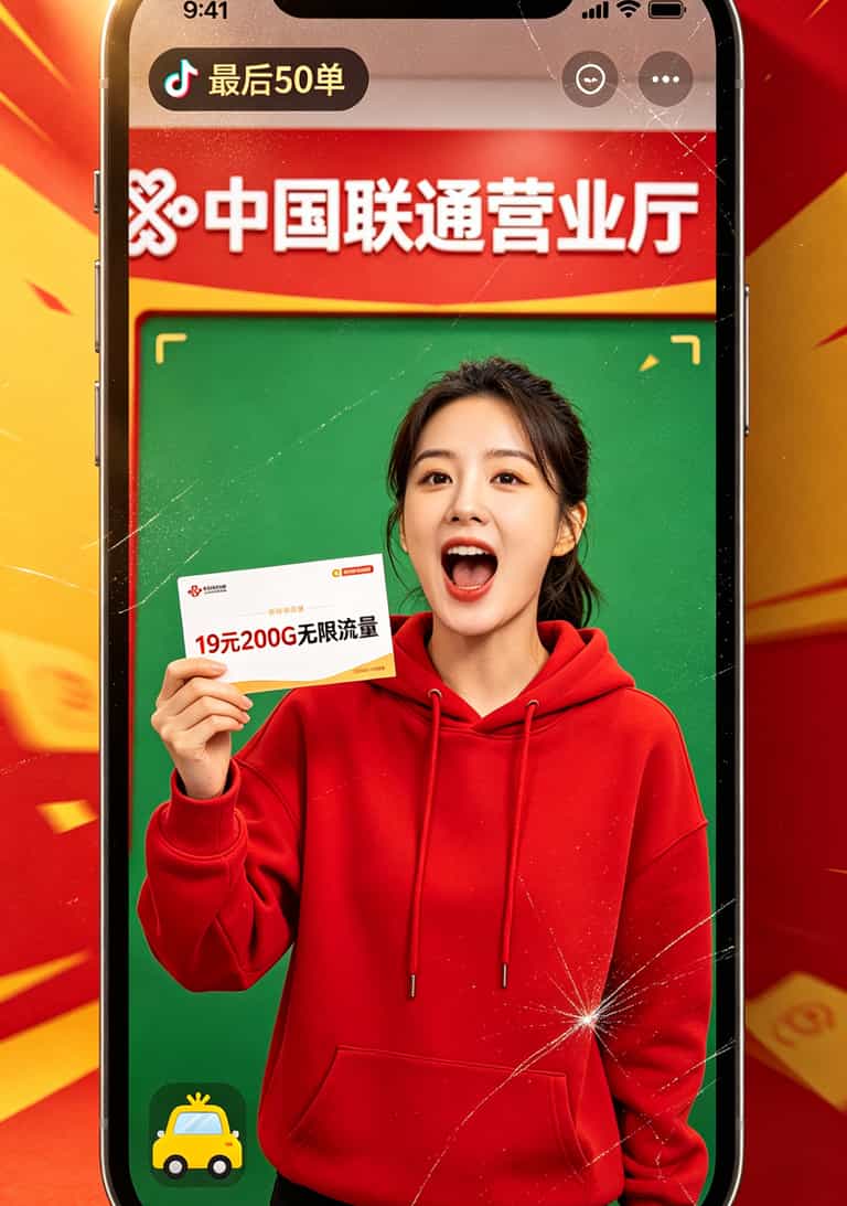 19块钱192G流量卡,我办了五张实测,联通流量卡在线办理到底能不能捡漏? 抖音直播间截图,主播拿着流量卡大喊“无限流量最后一天”