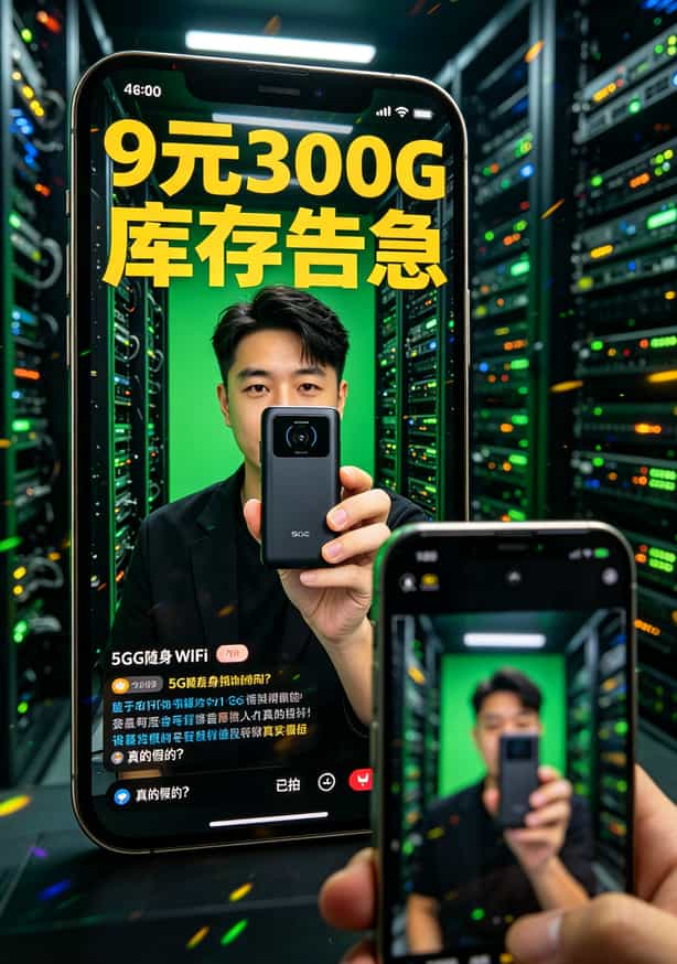 9元免流量卡是真是假?3个月实测,月租56块才是真话 抖音直播间截图,主播手持5G随身WiFi推销
