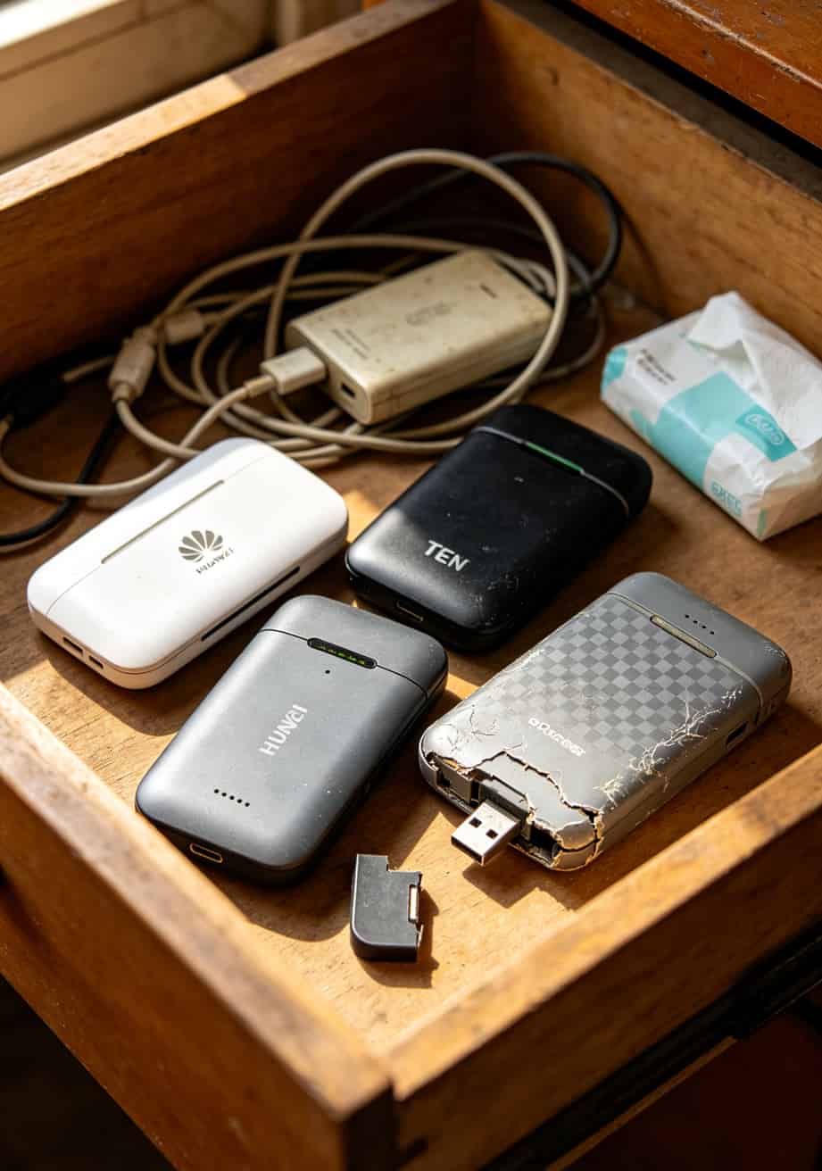 随身WiFi踩坑三年,esim卡流量充值前不看这篇真不行(内附10张实操图) 作者抽屉里四台随身WiFi设备的实拍图,包括华为、中兴和两个杂牌