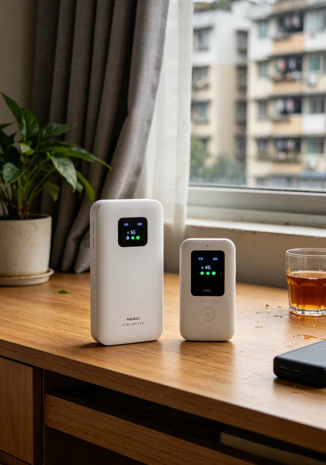 20260508_022818_办理电信19.9流量卡_final 双流某小区住宅内,华为5G随身WiFi与4G设备并排放置,信号强度对比明显