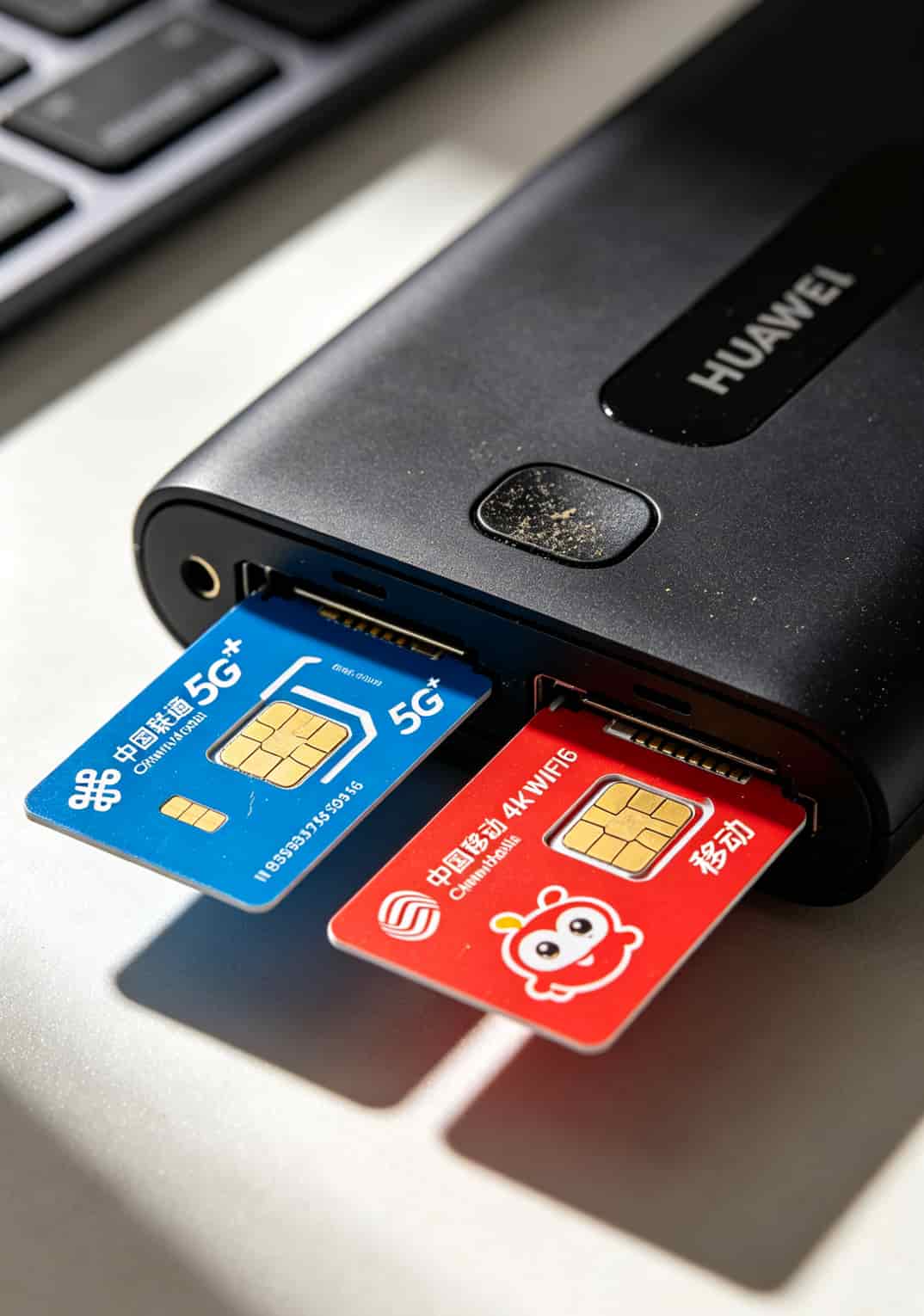 华为5G随身WiFi配上PDA流量卡,折腾大半年省下2000块,这8张卡的血泪史你值得看 华为5G随身WiFi设备双卡槽特写,两张SIM卡并排插着,一张蓝色联通一张红色移动,背景虚化