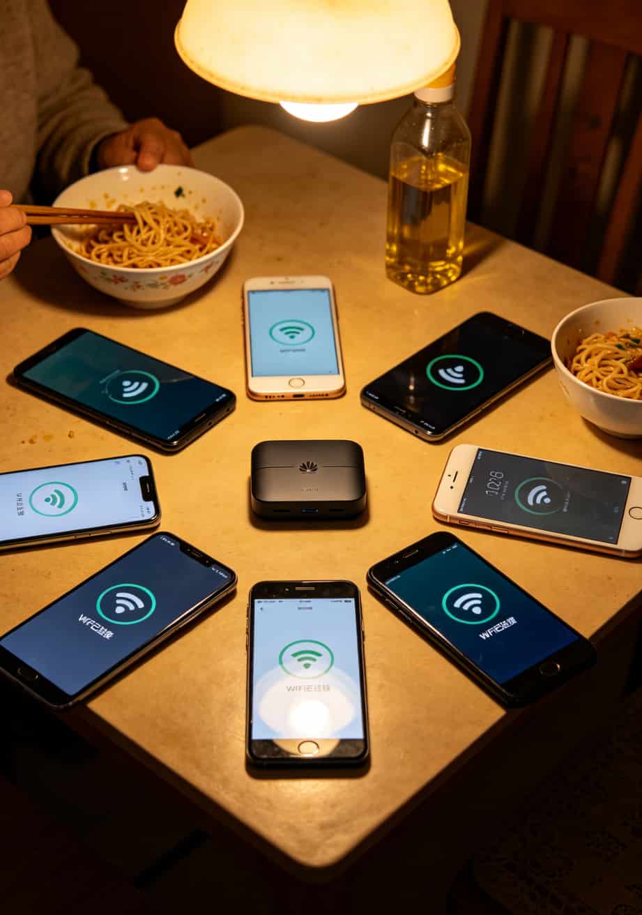 纯移动流量卡APN填不对?华为随身WiFi白买了!我折腾一礼拜就学会这一招 华为随身WiFi多设备同时连接示意图