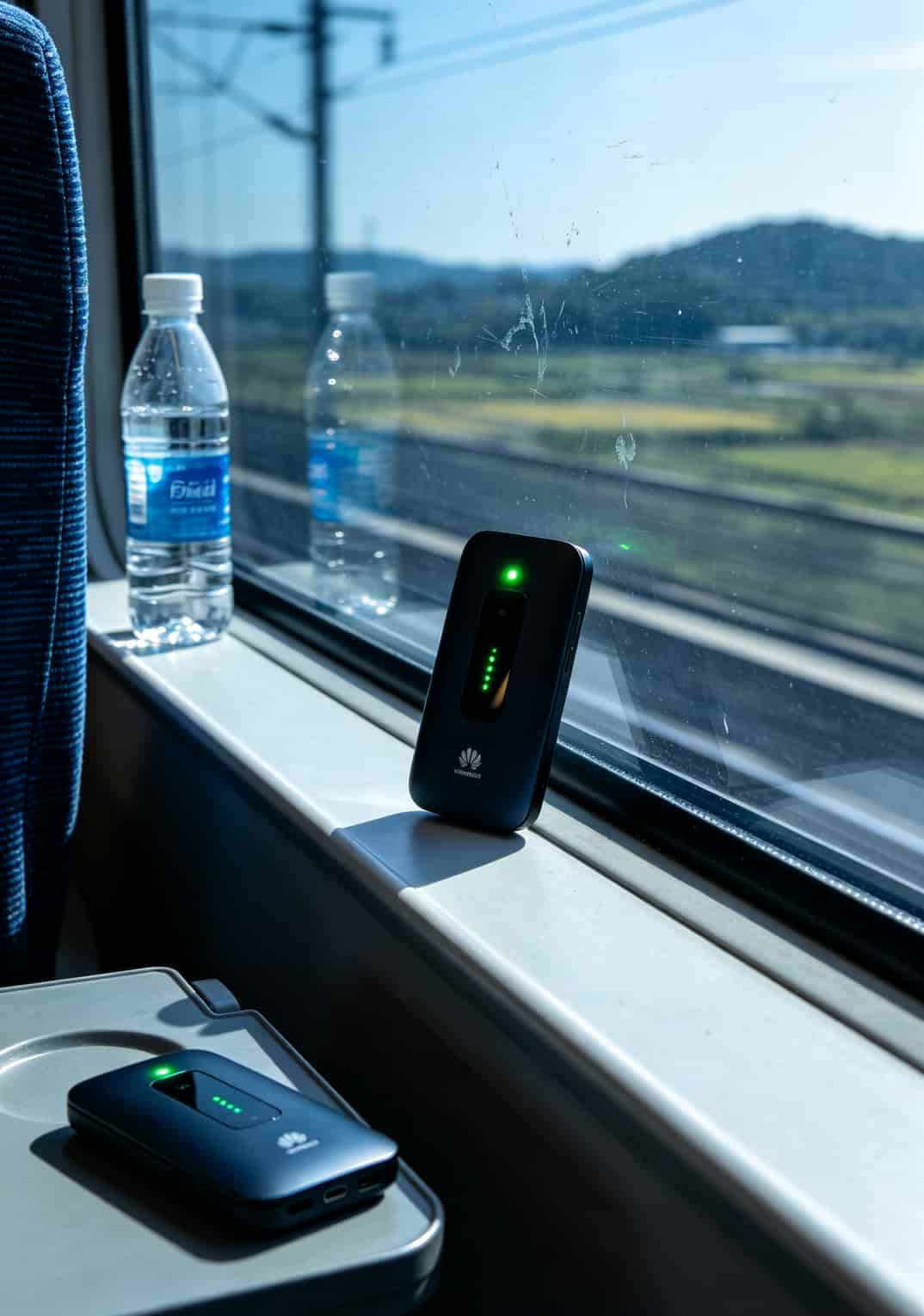 绿灯闪一夜没网?9块钱105g流量卡和华为随身WiFi到底配不配 高铁车窗边放着一台华为E5576,窗外风景模糊说明高速移动
