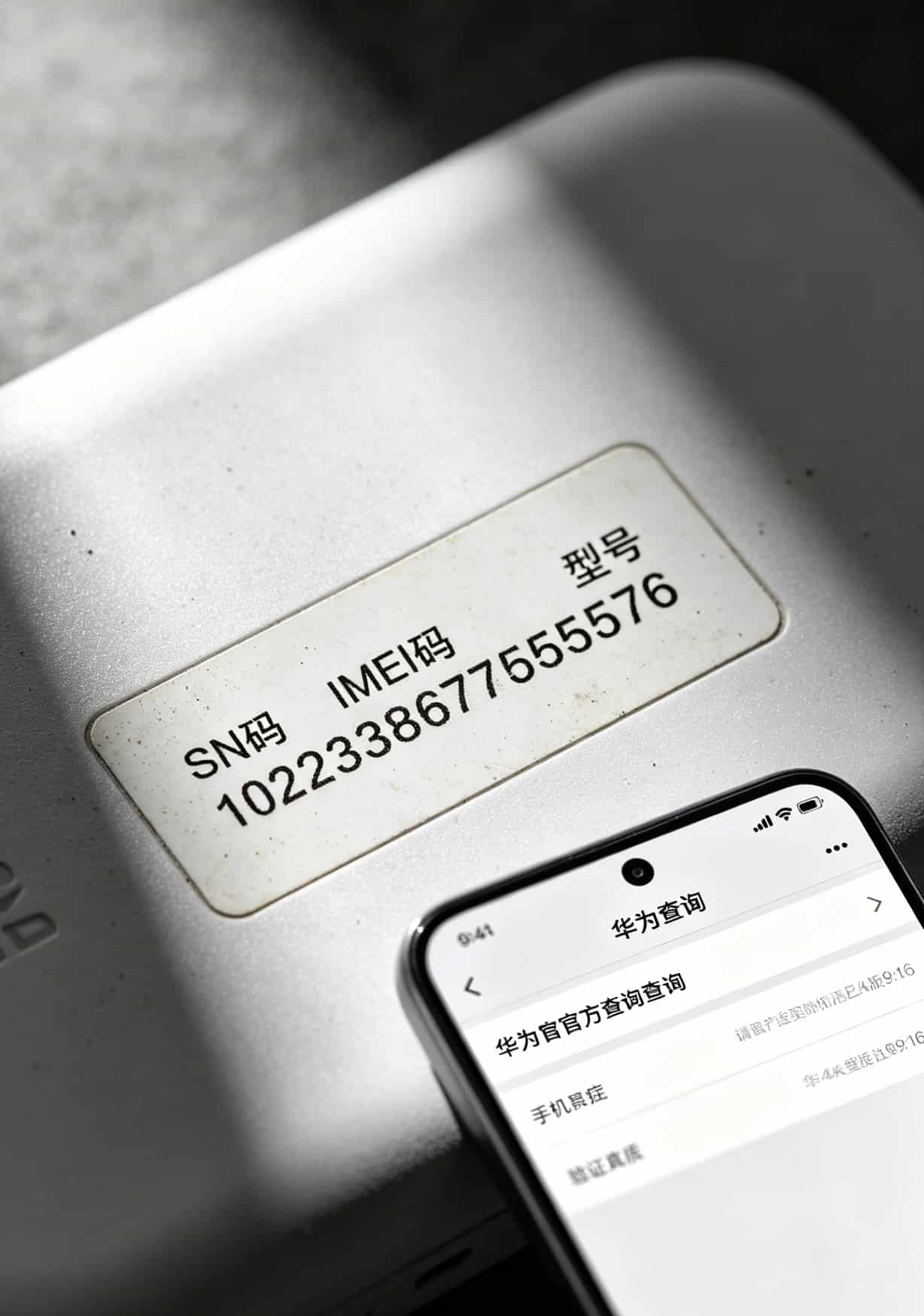 绿灯闪一夜没网?9块钱105g流量卡和华为随身WiFi到底配不配 华为E5576机身侧面SN码标签特写,白底黑字清晰可见