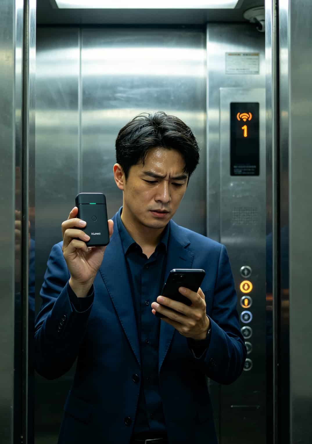 华为随身WiFi信号差?换了张**电信14元大流量卡**,网速从“断片”变“满血”(附10个实测技巧) 房产中介在电梯里查看手机信号断连的尴尬瞬间