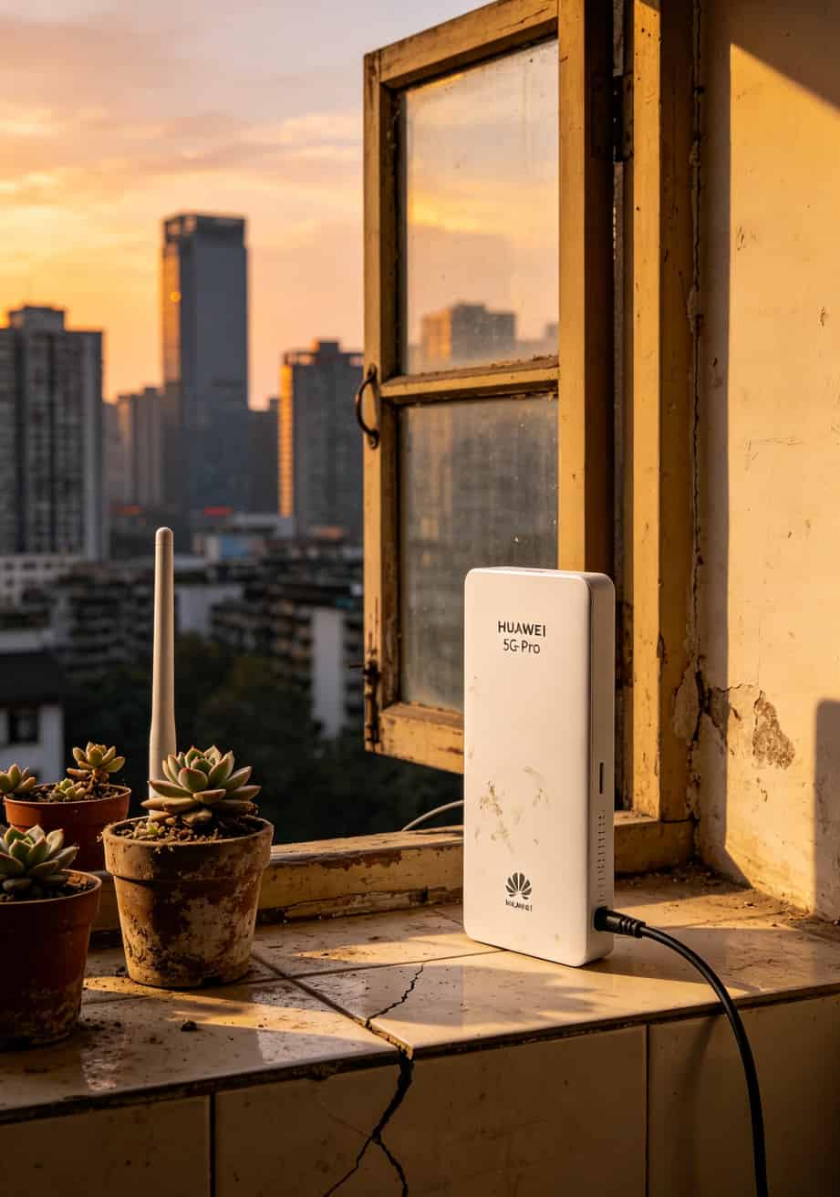 20260508_022818_办理电信19.9流量卡_final 华为官方5G全向天线连接随身WiFi的实物图,天线直立放置在窗台