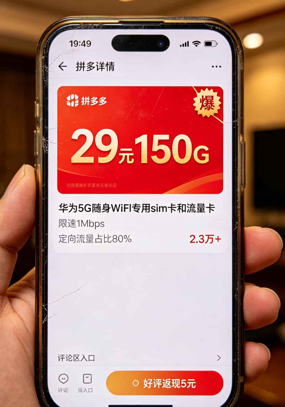 华为5G随身WiFi配sim卡和流量卡,我换了7张卡的血泪总结 某电商平台虚假流量卡宣传截图,标着“29元150G”但小字看不清
