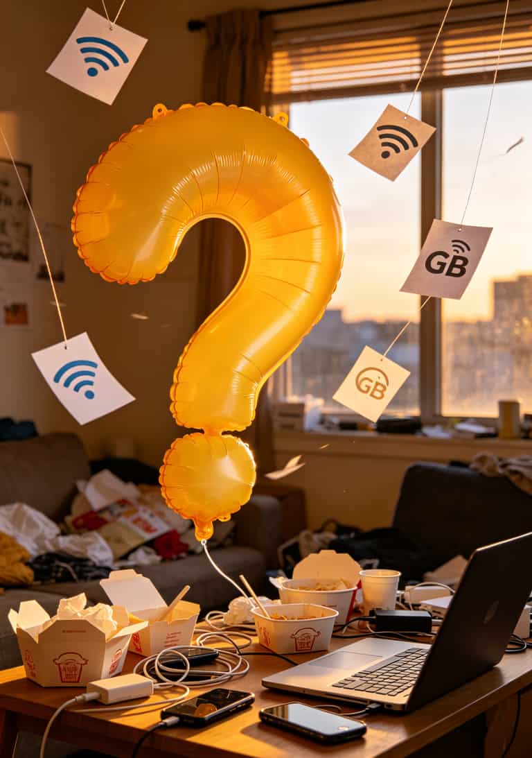 15元移动流量无线卡值不值?我自己折腾两年,答案是:值,但得会挑 一个卡通问号,周围环绕着WiFi信号图标和流量符号