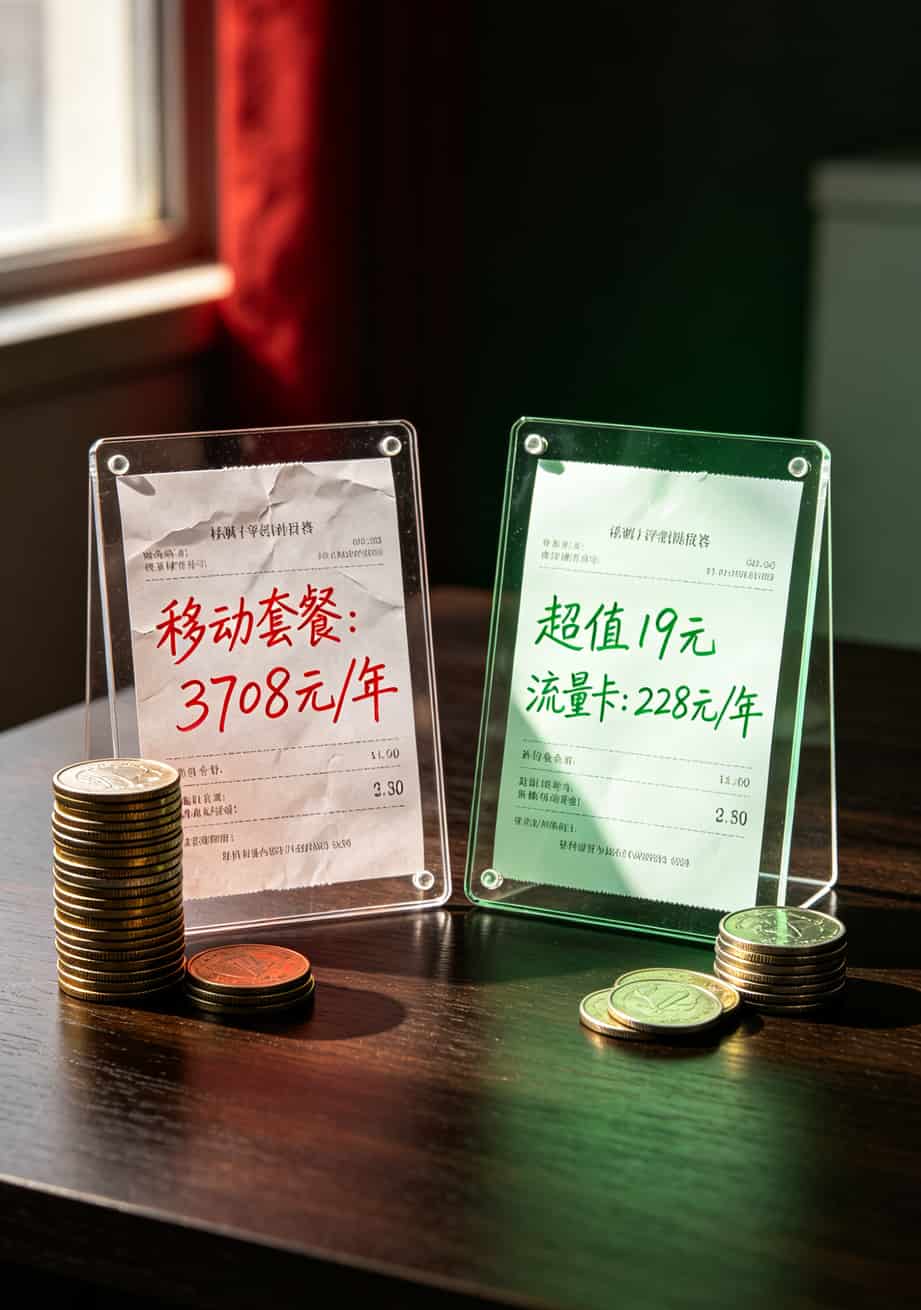 月租19块80G流量,我换了8张卡才找到这张神卡(附避坑指南) 年度话费对比图表,显示普通套餐3708元 vs 19元流量卡228元
