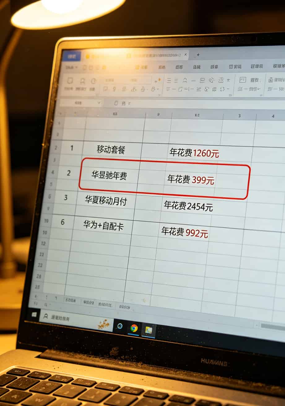 踩坑488块后,我发现这种不要月费的流量卡才是最省钱的(附实测对比) Excel表格截图,对比四种流量方案的年花费,华昱驰399元最低