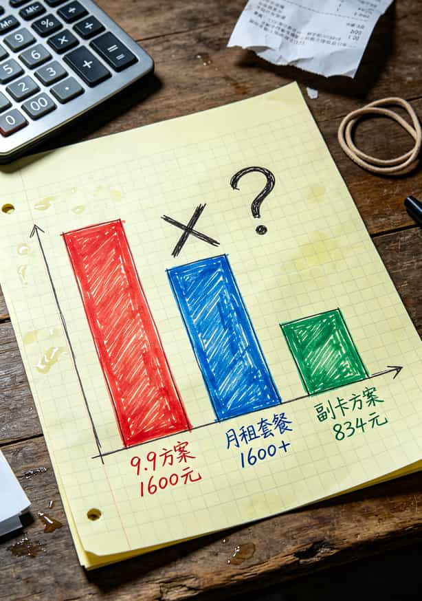 9.9元10g流量卡,我花了三个月帮你试过了:省不了一点钱 三年三种方案的费用对比柱状图